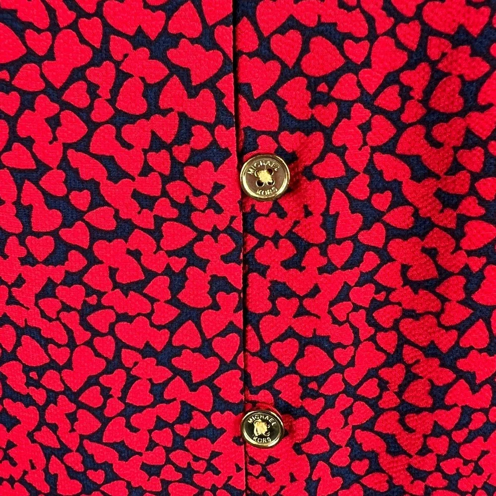 Michael Kors Top XL Red Abstract Heart Tie Front Flutter Sleeve V-Neck Button Up